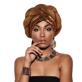 Big Braid Female Head Wraps Bonnet Nigeria Already Made African Headtie Turbante Glitter Gold Thread Fabric Turban Cap for Women (One Size,Brown)