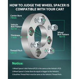 SCITOO 4Pcs Wheel Adapters 1 inch 4x110 to 4x115 Bore 74mm Studs 12x1.5 4 Lug Wheel Spacers Adapters Fit for for Honda ATC250R TRX300 FourTrax TRX300FW FourTrax 4x4 TRX350D