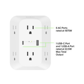 Belkin 6-Outlet Surge Protector Power Strip, ETL-listed, Wall-Mountable w/ 6 AC Outlets, Overvoltage Protection, LED Indicator, USB-C & USB-A Ports w/ USB-C PD Fast Charge - 1,680 Joules of Protection