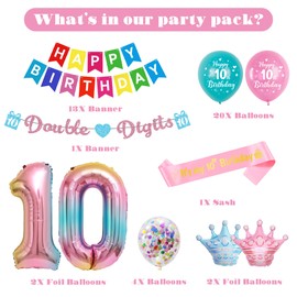 Rainbow 10th Birthday Decorations for Girls - Colourful Happy Birthday Double Digits Banner Garland, Crown Number 10 Foil Balloons and Sash for 10 Years Old Children Party Supplies