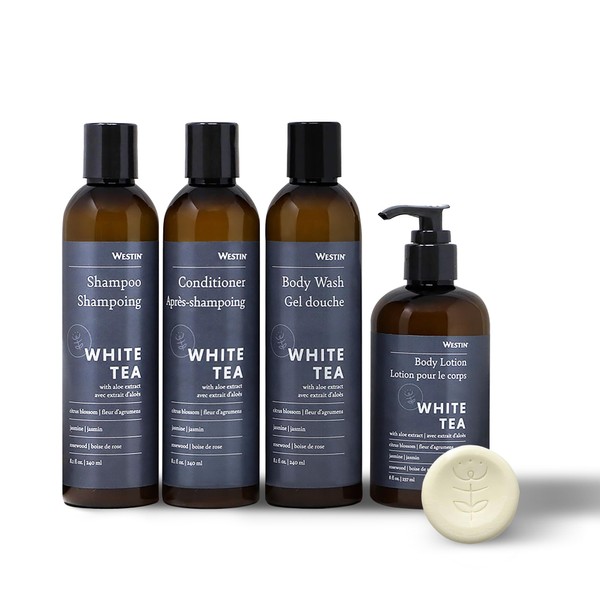Westin White Tea Aloe Bath & Body Set - Amenity Set with 8 oz. Bottles of Shampoo, Conditioner, Body Wash, Body Lotion, & 5 pack of 1 oz. Round Soap Bars - Shower Set - White Tea Scent