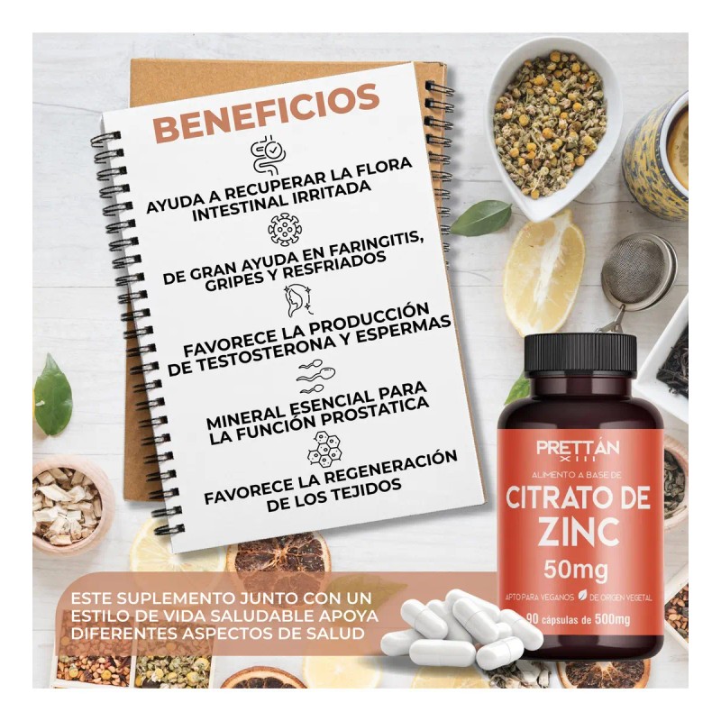 Suplemento Citrato Zinc Prettan Vegano Caps 500mg Sabor