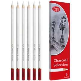 Pepy Professional White Charcoal Pencil Set – Set of 6 Pre-Sharpened White Charcoal Pencils; Perfect for Drawing, Sketching, Blending and Shading
