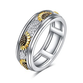 POPLYKE Sunflower Anxiety Spinner Rings Sterling Silver Sunflower Rotatable Mood Rings for Women Relieve Stress Jewellry Gift Size 7