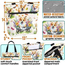 84hoods Large Waterproof Tote Bag with Pockets and Zipper for Work. Gift for Corgi Lovers Owners. Shoulder Bag for Women. Aesthetic 15 inch Bag. Flowers Garden.