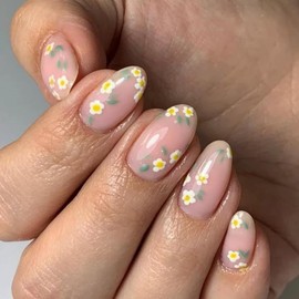 KQueenest French Nails for Sticking, Short, Medium, Round, Flowers, Press On Nails with Flowers Design, Shiny Nude Fake Nails, Artificial Fingernails, Cute Acrylic Nails for Women, 24 Pieces