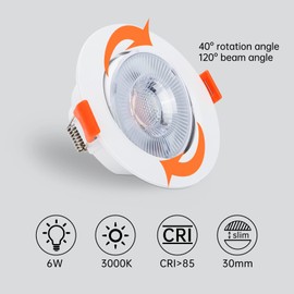Kambo LED Recessed Spotlight 230 V 40° Swivelling Set of 6 Round Spotlights, 6 W Replaces 60 W 610 LM Warm White 3000 K Spot LED Ceiling Light White Bathroom Recessed Spotlight