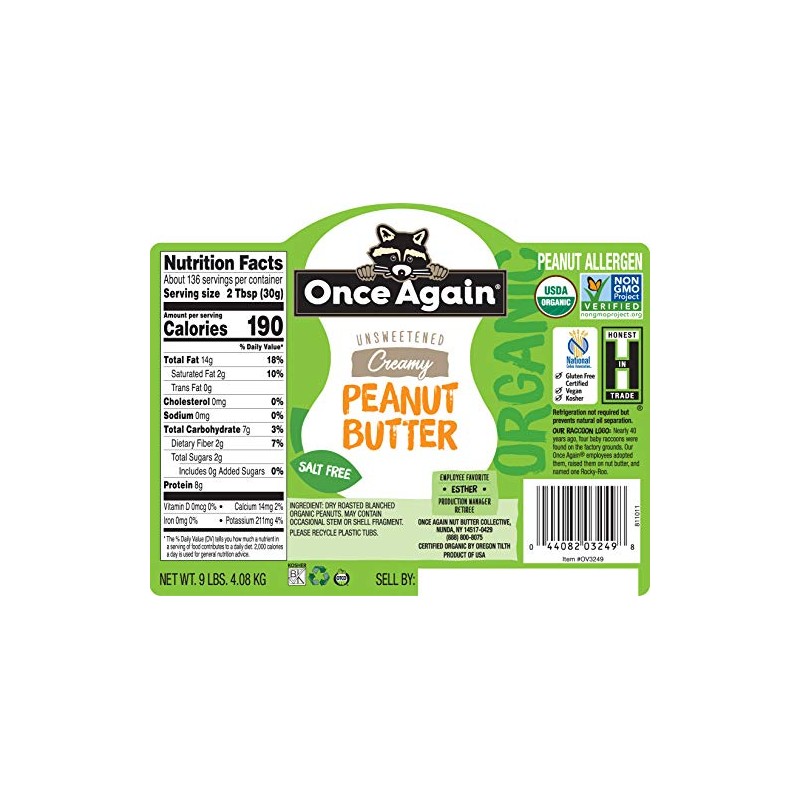 Once Again Organic, Creamy Peanut Butter - Salt Free, Unsweetened