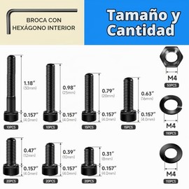 380 Piezas Tornillos M4, Kit Surtido de Tornillos Métricos de Cabeza Cilíndrica con Hexágono Interior, Tornillos M4 y Arandelas/Tuercas/Llaves Hexagon