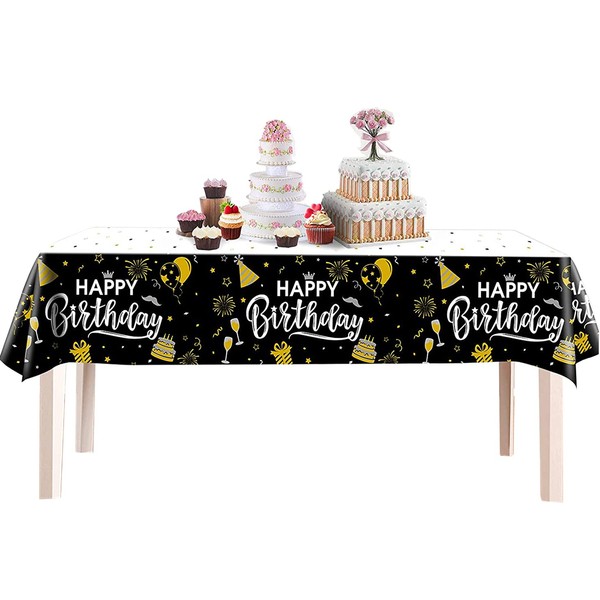 4Pack Happy Birthday Tablecloth,Black and Gold Plastic Disposable Rectangle Table