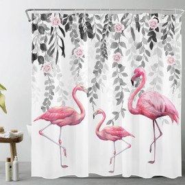 LB Pink Flamingo Shower Curtain Grey Leaf Pink Rose Floral Shower Curtains for Bathroom Tropical Bird Shower Curtain Set Waterproof Washable Fabric with Hooks,72x72 inch