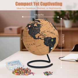 7" Cork Globe with 100 National Flag Pins & 50 Colored Push Pins – World Map with Rotating Stand – Pin Board for Travel Tracking, Home or Office Decor – Gift for Couples & Families(DH-DQY-180)