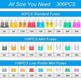 310Pcs Car Fuses Assortment Kit, Standard & Mini & Low Profile Mini Blade Automotive Fuse with Fuse Tester & Puller, ATM/ATO Replacement Fuses for RV/Marine/Truck (2A/5A/7.5A/ 10A/15A/20A/25A/30A/35A)