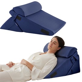 Bedluxe 3Pcs Orthopedic Bed Wedge Pillow Set, Foam Wedge Pillow Post Surgery for Back, Leg and Knee Support, Adjustable 9&12 Inch Folding Triangle Pillow for Sleeping, Acid Reflux, Snoring, Navy