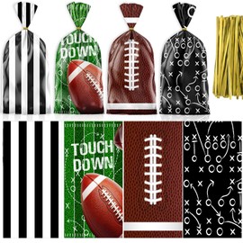 GREHUMOR 100pcs Football Goodie Bags,Football Cellophane Treat Bags with Gold Twist Ties,Football Gift Candy Bags for Football Party Decorations Football Theme Sports Birthday Party Favors Supplies