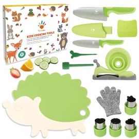 Kibbidea Kid Knife Set for Real Cooking, Kids Safe Cooking Knives with Cutting Board and Peeler, Stainless Steel Kids Safe Kitchen Knife Set for Real Food (Green)