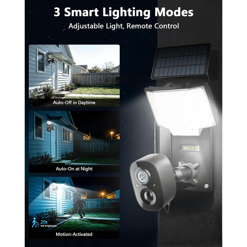Solar Security Camera with Bracket & Spotlight, Smart Lighting Modes,