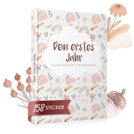 Cozy Racoon Baby album "Mein erstes LebensJahr" with 158 stickers. Baby album to design and fill in for the most beautiful moments. Gift for birth for boys and girls, boho pattern