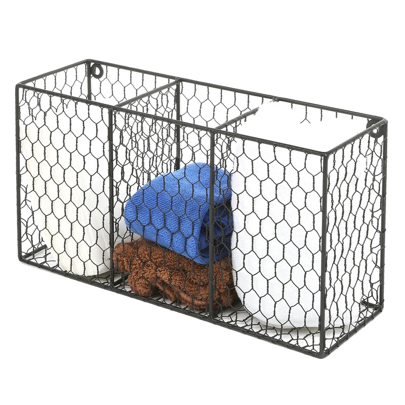 MyGift 3 Compartment Rustic Chicken Wire Kitchen Utensil Holder, Black