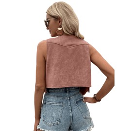 SweatyRocks Women's Suede Fringe Trim Sleeveless Crop Vest Jacket Button Front Coat Dusty Pink L