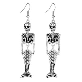 Siver Plated Vintage Human Skeleton Bones and Mermaid Skull Charm Dangle Earrings for Women Man Jewelry
