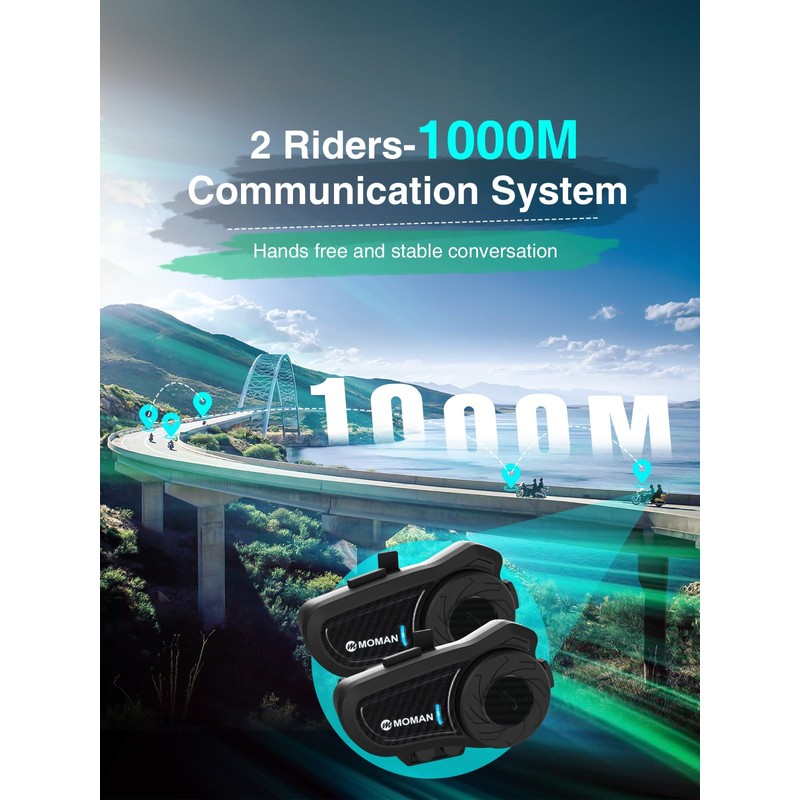 Moman Motorcycle Intercom, H2 Pro【2 Pack Carbon】 Helmet Headset Wireless