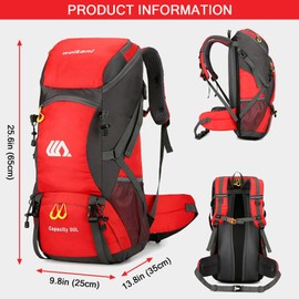 Kugooyi 50L Hiking Backpack with Rain Cover Waterproof Lightweight Camping Daypack Walking Rucksack Outdoor Sports Trekking Climbing Skiing Travel Bag (Red)