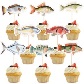 24 Pzs Adornos para Cupcakes con Forma de Pez, Divertidas Decoraciones para Fiestas de Cumpleaños con Punta de Pegamento y Pico Adornos para Cupcakes con Temática de Pesca (Estilo 1)