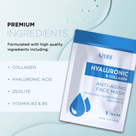 Azure Cosmetics Hyaluronic Acid & Collagen Anti Aging Sheet Facial Mask - Rejuvenating & Moisturizing Face - Helps Reduce Fine Lines & Wrinkles, Tightens & Smooths - Made in Korea - Pack of 5