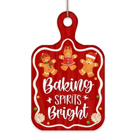 Bolisom Christmas Baking Spirits Bright Front Door Sign, Xmas Gingerbread Man Cutting Board Wood Door Hanger Outdoor Outside Porch Decor, Holiday Wooden Wreath Indoor Kitchen Wall Hanging Decoration