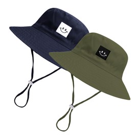 Orfila Baby Sun Hat Smile Face Toddler Bucket Hat Kids Girls Boys Summer Sun Protection Wide Brim Adjustable Chin-Strap Beach Hat 2-6 Years 2Pack Green & Navy