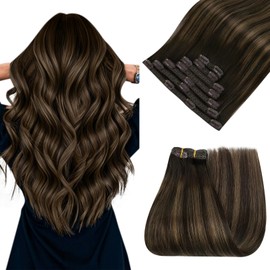 Easyouth Clip in Extensions Balayage Clip in Real Human Hair Extensions Dark Brown Mix Medium Brown Highlights Balayage Thick Real Hair Extensions Clip in Human Hair with no Shedding 16Inch 7Pcs 120G
