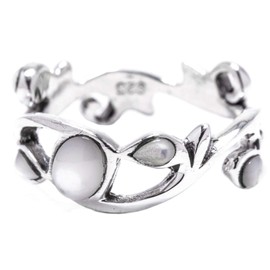 Windalf Women's Elven Ring Arisha 7 mm Mother of Pearl Flower Ring Bohemia Silver Ring 925 Sterling Silver, Fabric, Pearl