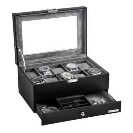 VIMBER Watch Box Organizer for Men with 10-Slot, Watch Case with Real Glass Lid, Mens Jewelry box with Removable Tray for Storage and Display, Gift Idea, PU Leather Watch Storage Boxes Grey USSH003H