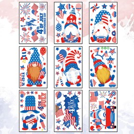 ABTOLS 9 Sheets Patriotic 4th of July Gnome Window Clings Reusable Independence Day Static Windows Cling Decal Removable America Flag Gnome Truck Stickers for Patriotic Window Decoration Party Supply