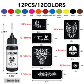 HEILFNL Temporary Tattoo Kit 12 Colors Temporary Tattoo Ink,111 Pcs Stencils Kit for Body Paint Fake Tattoos,DIY Art Painting Party for Women Man