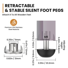 ZDRU 16 Pcs M8 x 1.25 Adjustable Furniture Leveling Feet with T-Nuts, Table Levelers, Screw-in Glides for Table, Chair, Cabinet
