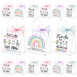 SilTriangle 30 Pcs End of The Year Teacher Gifts Bags Bulk with Handle 7.8 x 7.8 x 3.1'' Reusable Clear Teacher Gift Bag with Bow Ribbon Thank You PVC Plastic Bag for Graduation Party Supply(Macaron)