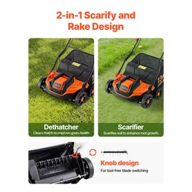 VEVOR 2-in-1 Electric Dethatcher and Scarifier, 13-Inch 13 Amp, Corded Lawn Dethatcher with 13-Gallon Thatch Collection Bag, 5-Position Depth Adjustment, Walk Behind Machine for Garden Yard Grass