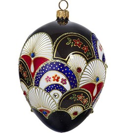 Joy to the World Japanese Fan Jeweled Egg Polish Glass Christmas Ornament