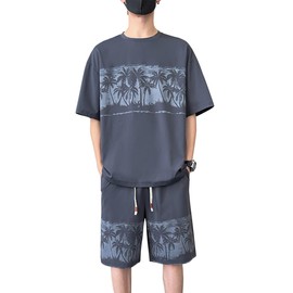 Treetreerin Men's Summer Set (Short Sleeve x Shorts) (Palm Tree Print Creates a Summer Atmosphere) Bottom Set, Sweat Absorbent, Quick Drying, Breathable, Loungewear, Loose Silhouette, Beachwear, Home