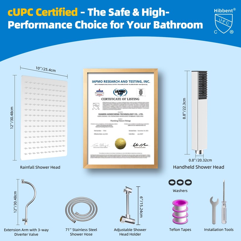 Hibbent All Metal cUPC Certified Shower Head, 12'' High Pressure
