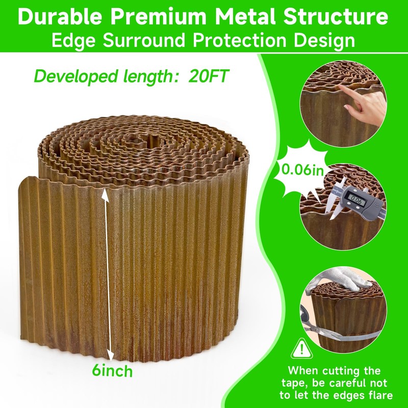 Corrugated Garden Edging,6"×20Ft Pre-Rusted Landscape Edging & Lawn Edging Border,Metal