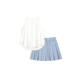 PATPAT Girls 2 Piece Tennis Skirt Set Size 7-8 White Tank Tops and Blue Skort Athletic Sets Sleeveless Tops + High Waisted Pleated Skort 2 Piece Outfits Girl Clothes Tennis Outfit Kids Activewear
