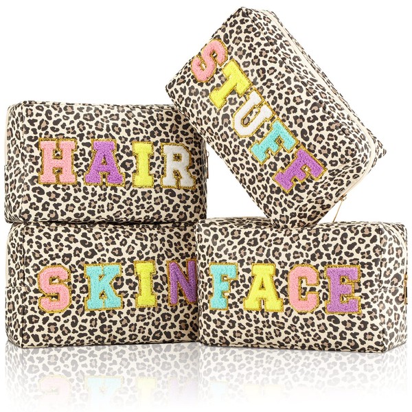 4 Pcs Chenille Letter Makeup Bag Bulk Preppy Makeup Bag Cosmetic Bag Pu Leather Makeup Bag Pouch with Zipper Waterproof Toiletry Travel Cosmetic Bag Storage Bag for Women Girl (Leopard Style)