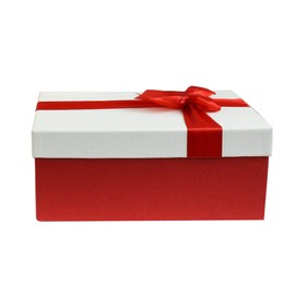 Emartbuy Rigid Gift Box, 28 x 18 x 13 cm, Red Box with Cream Lid, Satin Decorative Bow Ribbon and 100g Shredded Paper in Cream
