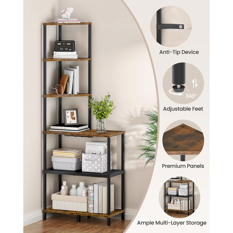 CHOEZON 6-Tier Corner Shelf, Industrial Corner Bookshelf with Desk Top,
