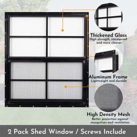 MHirmosy 2 Pack Shed Windows, 24'' x 27'' Household Windows with Tempered Glass and Fiberglass Screen for Shed, Flush Mount Sliding Window for Chicken Coop, Playhouse, Garage, Black