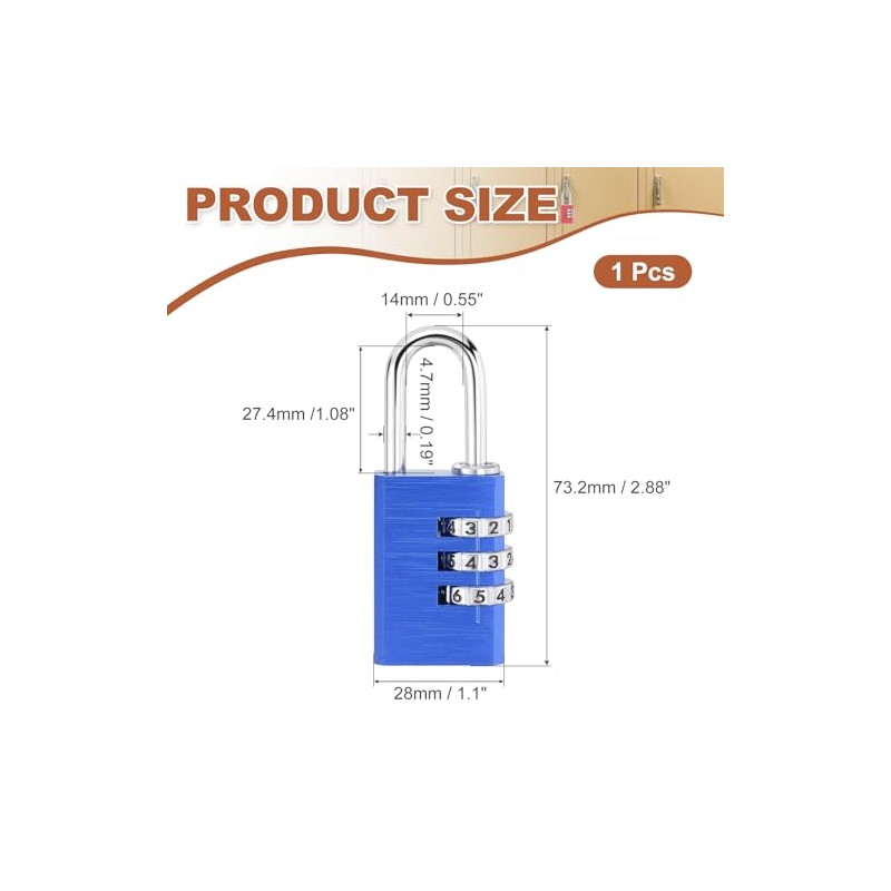 PATIKIL 3 Digit Combination Lock, (H:2.9", Blue), Aluminum Resettable Code