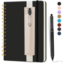 DWIYITTN A5 Spiral Notebook and Pen Set, 160 Lined Pages Black Faux Leather Hardback Wirebound Notebook A5 with Detachable Pen Holder and Pen for School College Work Home Writing Note Taking